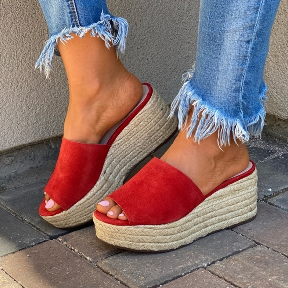Schutz Red Suede Slide Espadrille Wedge Sandals - Picture 7 of 9